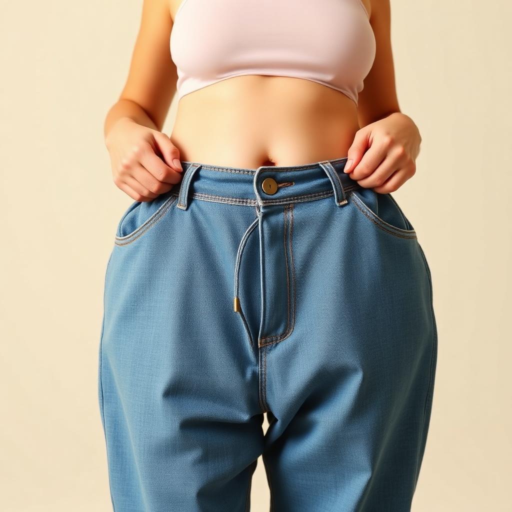 Person showing significant weight loss by holding out baggy pants